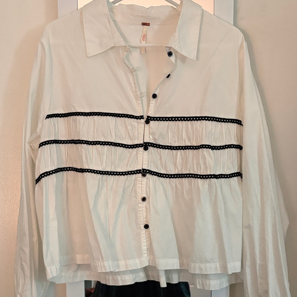 Free People White Button-Down Shirt with Black Trim